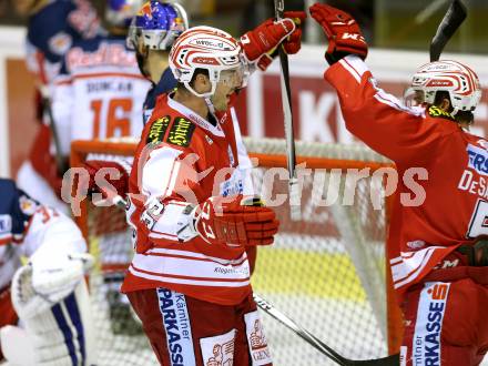 EBEL. Eishockey Bundesliga. KAC gegen 	EC Red Bull Salzburg. Torjubel Jean Francois Jacques, Jason Desantis (KAC). Klagenfurt, am 29.11.2015.
Foto: Kuess

---
pressefotos, pressefotografie, kuess, qs, qspictures, sport, bild, bilder, bilddatenbank