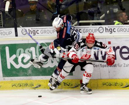 EBEL. Eishockey Bundesliga. EC VSV gegen HC TWK Innsbruck.	 .  Markus Schlacher,  (VSV), SCHAUS Nick (Innsbruck). Villach, am 29.11.2015.
Foto: Kuess 


---
pressefotos, pressefotografie, kuess, qs, qspictures, sport, bild, bilder, bilddatenbank