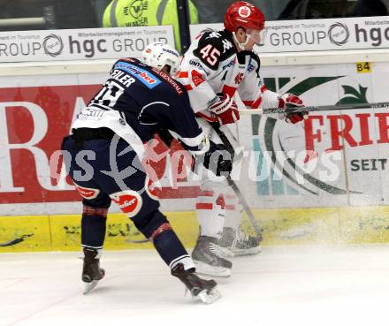 EBEL. Eishockey Bundesliga. EC VSV gegen HC TWK Innsbruck.	 .  Valentin Leiler, (VSV), David Schuller (Innsbruck). Villach, am 29.11.2015.
Foto: Kuess 


---
pressefotos, pressefotografie, kuess, qs, qspictures, sport, bild, bilder, bilddatenbank