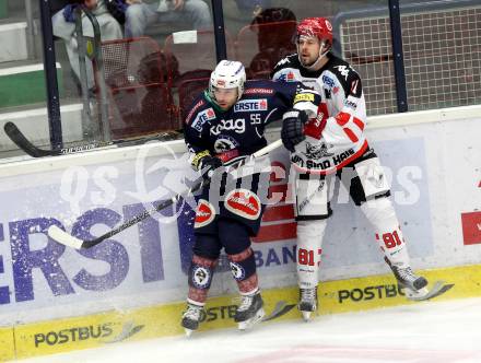 EBEL. Eishockey Bundesliga. EC VSV gegen HC TWK Innsbruck.	 .  David Kreuter (VSV),  ROSS Nick (Innsbruck). Villach, am 29.11.2015.
Foto: Kuess 


---
pressefotos, pressefotografie, kuess, qs, qspictures, sport, bild, bilder, bilddatenbank