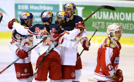 EBEL. Eishockey Bundesliga. KAC gegen 	EC Red Bull Salzburg. Torjubel Alexander Rauchenwald, Alexander Cijan, Brian Connelly (Salzburg). Klagenfurt, am 29.11.2015.
Foto: Kuess

---
pressefotos, pressefotografie, kuess, qs, qspictures, sport, bild, bilder, bilddatenbank