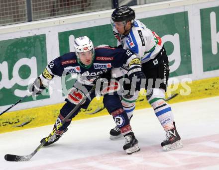 EBEL. Eishockey Bundesliga. EC VSV gegen HDD TELEMACH Olimpija Ljubljana. Brock McBride,  (VSV), Maks Selan (Laibach). Villach, am 4.12.2015.
Foto: Kuess 


---
pressefotos, pressefotografie, kuess, qs, qspictures, sport, bild, bilder, bilddatenbank