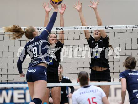 Frauen Volleyball Bundesliga. ATSC Wildcats Klagenfurt gegen Post SV Wien. Maria Alexandra Epure,  (wildcats),  Cornelia Rimser, Lisa Christina Schmerlaib (Post). Klagenfurt, am 8.12.2015.
Foto: Kuess
---
pressefotos, pressefotografie, kuess, qs, qspictures, sport, bild, bilder, bilddatenbank