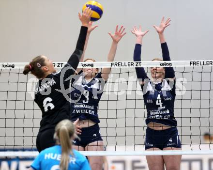 Frauen Volleyball Bundesliga. ATSC Wildcats Klagenfurt gegen Post SV Wien. Melissa Hess, Sabrina Mueller,    (wildcats),  Romana Stankova (Post). Klagenfurt, am 8.12.2015.
Foto: Kuess
---
pressefotos, pressefotografie, kuess, qs, qspictures, sport, bild, bilder, bilddatenbank