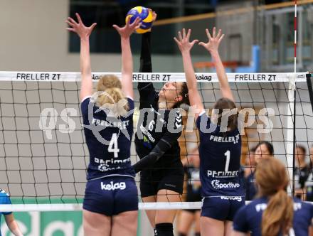 Frauen Volleyball Bundesliga. ATSC Wildcats Klagenfurt gegen Post SV Wien. Sabrina Mueller, Zala klara Kranjc, (wildcats), Romana Stankova  (Post). Klagenfurt, am 8.12.2015.
Foto: Kuess
---
pressefotos, pressefotografie, kuess, qs, qspictures, sport, bild, bilder, bilddatenbank