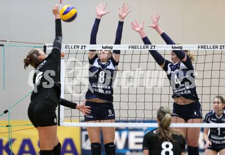 Frauen Volleyball Bundesliga. ATSC Wildcats Klagenfurt gegen Post SV Wien. Katharina Holzer, Sabrina Mueller,  (wildcats), Romana Stankova (Post). Klagenfurt, am 8.12.2015.
Foto: Kuess
---
pressefotos, pressefotografie, kuess, qs, qspictures, sport, bild, bilder, bilddatenbank