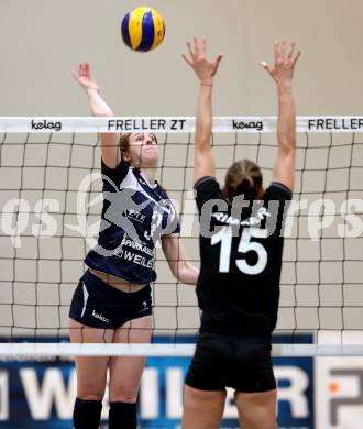 Frauen Volleyball Bundesliga. ATSC Wildcats Klagenfurt gegen Post SV Wien. Melissa Hess,  (wildcats), Cornelia Rimser (Post). Klagenfurt, am 8.12.2015.
Foto: Kuess
---
pressefotos, pressefotografie, kuess, qs, qspictures, sport, bild, bilder, bilddatenbank