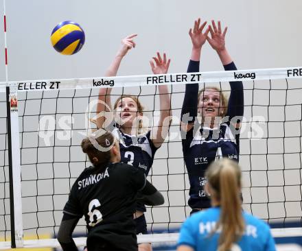 Frauen Volleyball Bundesliga. ATSC Wildcats Klagenfurt gegen Post SV Wien. Melissa Hess, Sabrina Mueller,  (wildcats),  Romana Stankova (Post). Klagenfurt, am 8.12.2015.
Foto: Kuess
---
pressefotos, pressefotografie, kuess, qs, qspictures, sport, bild, bilder, bilddatenbank