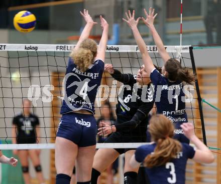 Frauen Volleyball Bundesliga. ATSC Wildcats Klagenfurt gegen Post SV Wien. Sabrina Mueller, Zala Klara Kranjc,  (wildcats), Romana Stankova (Post). Klagenfurt, am 8.12.2015.
Foto: Kuess
---
pressefotos, pressefotografie, kuess, qs, qspictures, sport, bild, bilder, bilddatenbank