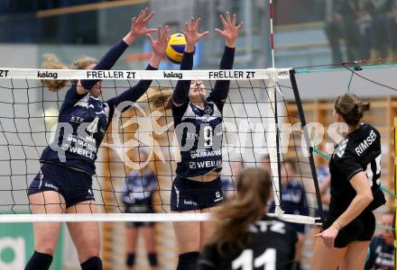 Frauen Volleyball Bundesliga. ATSC Wildcats Klagenfurt gegen Post SV Wien. Sabrina Mueller, Maria Alexandra Epure, (wildcats),  Cornelia Rimser (Post). Klagenfurt, am 8.12.2015.
Foto: Kuess
---
pressefotos, pressefotografie, kuess, qs, qspictures, sport, bild, bilder, bilddatenbank