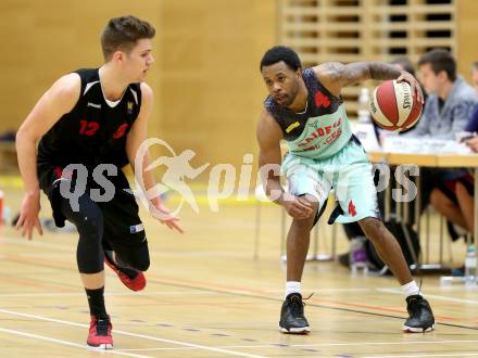 Basketball OEBV Cup. Raiders Villach gegen Mistelbach Mustangs. Dominique Richmond Jackson (Villach),  Marcus Weidner (Mistelbach). Villach, am 8.12.2015.
Foto: Kuess
---
pressefotos, pressefotografie, kuess, qs, qspictures, sport, bild, bilder, bilddatenbank