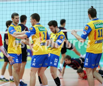 Volleyball Bundesliga. VBK Woerthersee Loewen Klagenfurt gegen SK Posojilnica Aich/Dob. Jubel (Aich/Dob). Klagenfurt, am 12.12.2015.
Foto: Kuess
---
pressefotos, pressefotografie, kuess, qs, qspictures, sport, bild, bilder, bilddatenbank