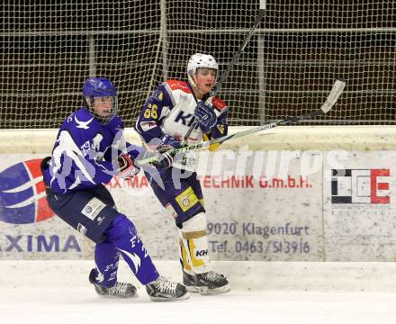 Eishockey Kaerntner Landesklasse Ost. KHC Kappler Club gegen Friesacher AC II. David Bischof,  (Kappel), Dominik Kogler (Friesach). Althofen, am 12.12.2015.
Foto: Kuess
---
pressefotos, pressefotografie, kuess, qs, qspictures, sport, bild, bilder, bilddatenbank