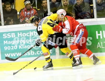 EBEL. Eishockey Bundesliga. KAC gegen 	UPC Vienna Capitals. Geier Manuel,  (KAC), Jamie Fraser (Caps). Klagenfurt, am 13.12.2015.
Foto: Kuess

---
pressefotos, pressefotografie, kuess, qs, qspictures, sport, bild, bilder, bilddatenbank