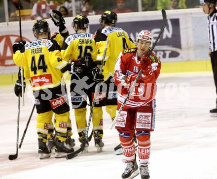 EBEL. Eishockey Bundesliga. KAC gegen 	UPC Vienna Capitals. Patrick Harand, (KAC), Torjubel Wien (Caps). Klagenfurt, am 13.12.2015.
Foto: Kuess

---
pressefotos, pressefotografie, kuess, qs, qspictures, sport, bild, bilder, bilddatenbank