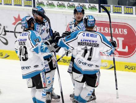 EBEL. Eishockey Bundesliga. EC VSV gegen EHC Liwest Black Wings Linz. Torjubel Dan Dasilva, Andrew Jacob Kozek, Niklas Mayrhauser,  (Linz). Villach, am 15.12.2015.
Foto: Kuess 


---
pressefotos, pressefotografie, kuess, qs, qspictures, sport, bild, bilder, bilddatenbank