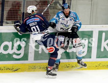 EBEL. Eishockey Bundesliga. EC VSV gegen EHC Liwest Black Wings Linz. Miha Verlic,  (VSV), Brett Palin (Linz). Villach, am 15.12.2015.
Foto: Kuess 


---
pressefotos, pressefotografie, kuess, qs, qspictures, sport, bild, bilder, bilddatenbank