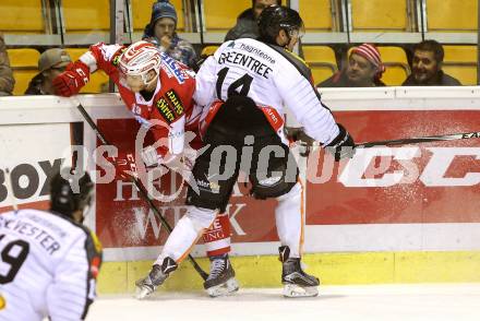 EBEL. Eishockey Bundesliga. KAC gegen 	Dornbirner Eishockey Club	. Stefan Geier,  (KAC), Kyle Greentree (Dornbirn). Klagenfurt, am 18.12.2015.
Foto: Kuess

---
pressefotos, pressefotografie, kuess, qs, qspictures, sport, bild, bilder, bilddatenbank