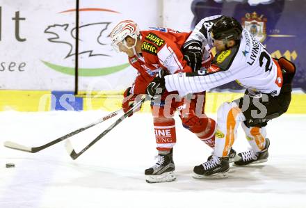 EBEL. Eishockey Bundesliga. KAC gegen 	Dornbirner Eishockey Club	. Jamie Lundmark, (KAC), James Livingston  (Dornbirn). Klagenfurt, am 18.12.2015.
Foto: Kuess

---
pressefotos, pressefotografie, kuess, qs, qspictures, sport, bild, bilder, bilddatenbank