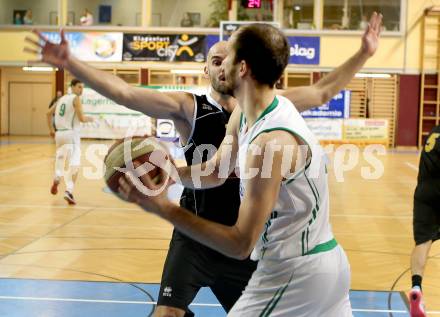 Basketball 2. Bundesliga 2015/16 Grunddurchgang 13. Runde. KOS Celovec gegen Woerthersee Piraten. Jakob Strazar,  (KOS), Joachim Buggelsheim (Piraten). Klagenfurt, am 19.12.2015.
Foto: Kuess
---
pressefotos, pressefotografie, kuess, qs, qspictures, sport, bild, bilder, bilddatenbank