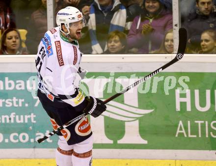 EBEL. Eishockey Bundesliga. KAC gegen 	VSV. Torjubel Benjamin Petrik (VSV). Klagenfurt, am 20.12.2015.
Foto: Kuess

---
pressefotos, pressefotografie, kuess, qs, qspictures, sport, bild, bilder, bilddatenbank