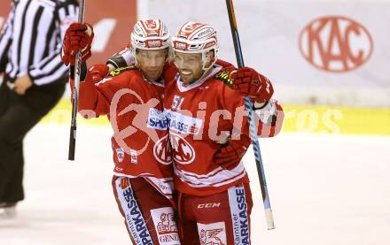 EBEL. Eishockey Bundesliga. KAC gegen 	VSV. Torjubel Jamie Lundmark, Kevin Kapstad (KAC). Klagenfurt, am 20.12.2015.
Foto: Kuess

---
pressefotos, pressefotografie, kuess, qs, qspictures, sport, bild, bilder, bilddatenbank