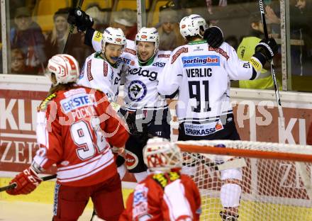 EBEL. Eishockey Bundesliga. KAC gegen 	VSV. Torjubel Stefan Bacher, Dustin Johner, Miha Verlic (VSV). Klagenfurt, am 20.12.2015.
Foto: Kuess

---
pressefotos, pressefotografie, kuess, qs, qspictures, sport, bild, bilder, bilddatenbank