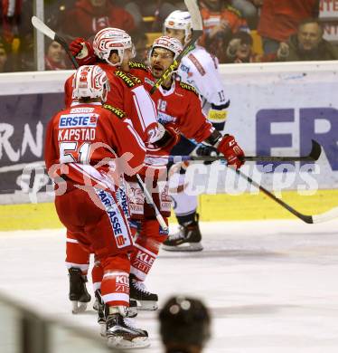 EBEL. Eishockey Bundesliga. KAC gegen 	VSV. Torjubel Kevin Kapstad, Manuel Geier, Thomas Koch (KAC). Klagenfurt, am 20.12.2015.
Foto: Kuess

---
pressefotos, pressefotografie, kuess, qs, qspictures, sport, bild, bilder, bilddatenbank