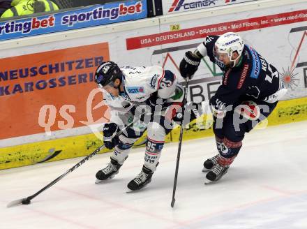 EBEL. Eishockey Bundesliga. EC VSV gegen Fehervar AV 19. Matt Kelly,  (VSV), Peter Vincze (Alba Volan). Villach, am 22.12.2015.
Foto: Kuess 


---
pressefotos, pressefotografie, kuess, qs, qspictures, sport, bild, bilder, bilddatenbank