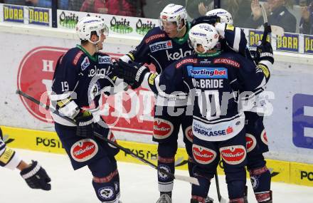 EBEL. Eishockey Bundesliga. EC VSV gegen HCB Suedtirol. Torjubel Dustin Johner, Valentin Leiler, Brock McBride, Stefan Bacher (VSV). Villach, am 1.1.2016.
Foto: Kuess 


---
pressefotos, pressefotografie, kuess, qs, qspictures, sport, bild, bilder, bilddatenbank