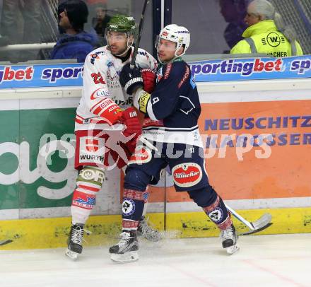 EBEL. Eishockey Bundesliga. EC VSV gegen HCB Suedtirol. Dustin Johner,  (VSV), Alexander Foster (Bozen). Villach, am 1.1.2016.
Foto: Kuess 


---
pressefotos, pressefotografie, kuess, qs, qspictures, sport, bild, bilder, bilddatenbank