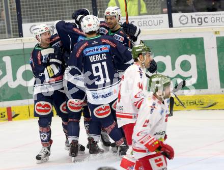 EBEL. Eishockey Bundesliga. EC VSV gegen HCB Suedtirol. Torjubel Dustin Johner, Ziga Pance, Ryan McKiernan, Rick Schofield, Miha Verlic (VSV). Villach, am 1.1.2016.
Foto: Kuess 


---
pressefotos, pressefotografie, kuess, qs, qspictures, sport, bild, bilder, bilddatenbank