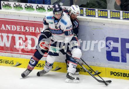 EBEL. Eishockey Bundesliga. EC VSV gegen Fehervar AV 19. Matt Kelly,  (VSV), Istvan Bartalis (Alba Volan). Villach, am 3.1.2016.
Foto: Kuess 


---
pressefotos, pressefotografie, kuess, qs, qspictures, sport, bild, bilder, bilddatenbank