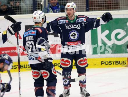 EBEL. Eishockey Bundesliga. EC VSV gegen Fehervar AV 19. Torjubel Dustin Johner, Eric Hunter (VSV). Villach, am 3.1.2016.
Foto: Kuess 


---
pressefotos, pressefotografie, kuess, qs, qspictures, sport, bild, bilder, bilddatenbank