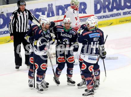 EBEL. Eishockey Bundesliga. EC VSV gegen HCB Suedtirol. Torjubel Benjamin Petrik, Brock McBride, Eric Hunter, Markus Schlacher, Matt Kelly (VSV). Villach, am 1.1.2016.
Foto: Kuess 


---
pressefotos, pressefotografie, kuess, qs, qspictures, sport, bild, bilder, bilddatenbank