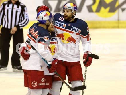 EBEL. Eishockey Bundesliga. KAC gegen EC Red Bull Salzburg. Torjubel Ryan Duncan, Pehr Ledin, Zdenek Kutlak (Salzburg). Klagenfurt, am 5.1.2016.
Foto: Kuess

---
pressefotos, pressefotografie, kuess, qs, qspictures, sport, bild, bilder, bilddatenbank