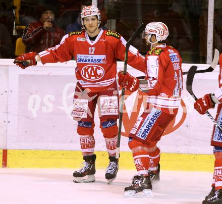 EBEL. Eishockey Bundesliga. KAC gegen HDD TELEMACH Olimpija Ljubljana. Torjubel Manuel Ganahl, Steven Strong (KAC). Klagenfurt, am 8.1.2016.
Foto: Kuess

---
pressefotos, pressefotografie, kuess, qs, qspictures, sport, bild, bilder, bilddatenbank