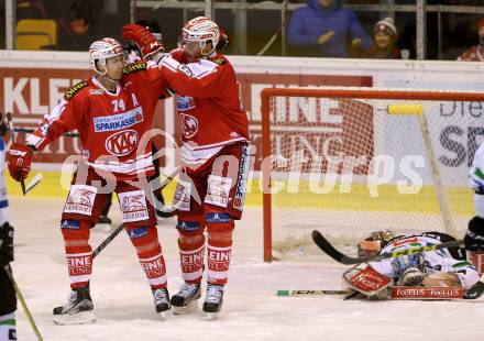 EBEL. Eishockey Bundesliga. KAC gegen HDD TELEMACH Olimpija Ljubljana. Torjubel Jamie Lundmark, Jean Francois Jacques (KAC). Klagenfurt, am 8.1.2016.
Foto: Kuess

---
pressefotos, pressefotografie, kuess, qs, qspictures, sport, bild, bilder, bilddatenbank