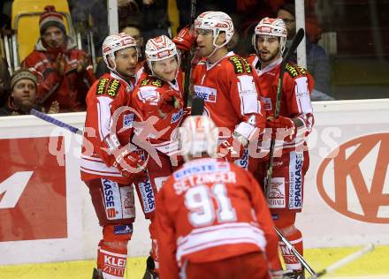 EBEL. Eishockey Bundesliga. KAC gegen HDD TELEMACH Olimpija Ljubljana. Torjubel Manuel Ganahl, Thomas Koch, Mark Popovic, Steven Strong, Oliver Setzinger (KAC). Klagenfurt, am 8.1.2016.
Foto: Kuess

---
pressefotos, pressefotografie, kuess, qs, qspictures, sport, bild, bilder, bilddatenbank