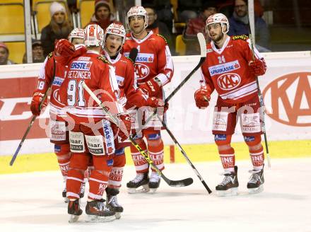 EBEL. Eishockey Bundesliga. KAC gegen HDD TELEMACH Olimpija Ljubljana. Torjubel Manuel Ganahl, Thomas Koch, Mark Popovic, Steven Strong, Oliver Setzinger (KAC). Klagenfurt, am 8.1.2016.
Foto: Kuess

---
pressefotos, pressefotografie, kuess, qs, qspictures, sport, bild, bilder, bilddatenbank