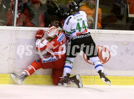 EBEL. Eishockey Bundesliga. KAC gegen HDD TELEMACH Olimpija Ljubljana. Manuel geier,  (KAC), Maks Selan (Laibach). Klagenfurt, am 8.1.2016.
Foto: Kuess

---
pressefotos, pressefotografie, kuess, qs, qspictures, sport, bild, bilder, bilddatenbank