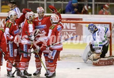 EBEL. Eishockey Bundesliga. KAC gegen HDD TELEMACH Olimpija Ljubljana. Torjubel Jamie Lundmark, Jean Francois Jacques, Manuel Geier, Thomas Koch (KAC). Klagenfurt, am 8.1.2016.
Foto: Kuess

---
pressefotos, pressefotografie, kuess, qs, qspictures, sport, bild, bilder, bilddatenbank