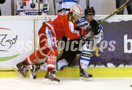 EBEL. Eishockey Bundesliga. KAC gegen HDD TELEMACH Olimpija Ljubljana. Nikolaus Kraus, (KAC), Sebastjan Hadzic (Laibach). Klagenfurt, am 8.1.2016.
Foto: Kuess

---
pressefotos, pressefotografie, kuess, qs, qspictures, sport, bild, bilder, bilddatenbank