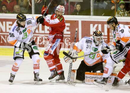 EBEL. Eishockey Bundesliga. KAC gegen 	Moser Medical Graz 99ers. Stefan Geier,  (KAC), Mario Petrovitz, Sebastian Dahm (Graz). Klagenfurt, am 10.1.2016.
Foto: Kuess

---
pressefotos, pressefotografie, kuess, qs, qspictures, sport, bild, bilder, bilddatenbank