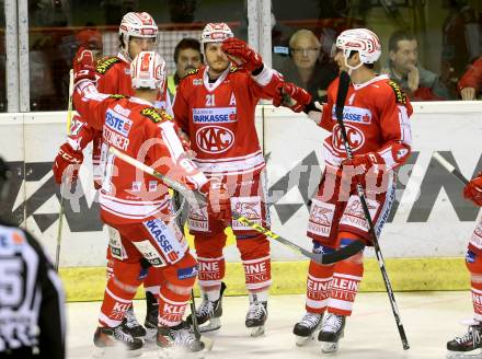 EBEL. Eishockey Bundesliga. KAC gegen 	Moser Medical Graz 99ers. Torjubel Thomas Hundertpfund, Manuel Geier, Oliver Setzinger, Mark Popovic (KAC). Klagenfurt, am 10.1.2016.
Foto: Kuess

---
pressefotos, pressefotografie, kuess, qs, qspictures, sport, bild, bilder, bilddatenbank