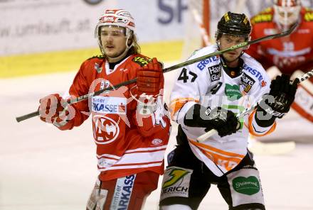 EBEL. Eishockey Bundesliga. KAC gegen 	Moser Medical Graz 99ers. Markus Poeck, (KAC), Evan Brophey (Graz). Klagenfurt, am 10.1.2016.
Foto: Kuess

---
pressefotos, pressefotografie, kuess, qs, qspictures, sport, bild, bilder, bilddatenbank