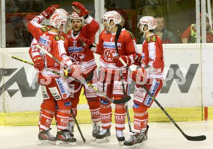 EBEL. Eishockey Bundesliga. KAC gegen 	Moser Medical Graz 99ers. Torjubel Thomas Hundertpfund, Manuel Geier, Oliver Setzinger, Mark Popovic, Steven Strong (KAC). Klagenfurt, am 10.1.2016.
Foto: Kuess

---
pressefotos, pressefotografie, kuess, qs, qspictures, sport, bild, bilder, bilddatenbank