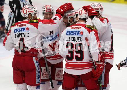 EBEL. Eishockey Bundesliga. EC VSV gegen KAC. Torjubel Jamie Lundmark, Steven Strong, Jonas Nordquist, Jean Francois Jacques, Mark Popovic (KAC). Villach, am 15.1.2016.
Foto: Kuess 


---
pressefotos, pressefotografie, kuess, qs, qspictures, sport, bild, bilder, bilddatenbank