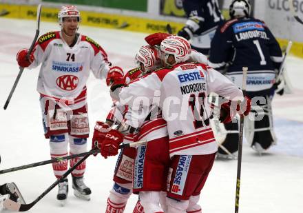 EBEL. Eishockey Bundesliga. EC VSV gegen KAC. Torjubel Jamie Lundmark, Steven Strong, Jonas Nordquist, Jean Francois Jacques (KAC). Villach, am 15.1.2016.
Foto: Kuess 


---
pressefotos, pressefotografie, kuess, qs, qspictures, sport, bild, bilder, bilddatenbank