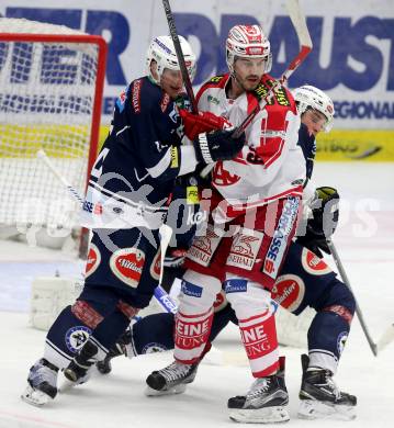 EBEL. Eishockey Bundesliga. EC VSV gegen KAC. Daniel Nageler,  (VSV), Jean Francois Jacques (KAC). Villach, am 15.1.2016.
Foto: Kuess 


---
pressefotos, pressefotografie, kuess, qs, qspictures, sport, bild, bilder, bilddatenbank